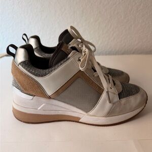 Michael Kors Georgie Mixed-Media Trainers | Silver & Tan Sneakers
